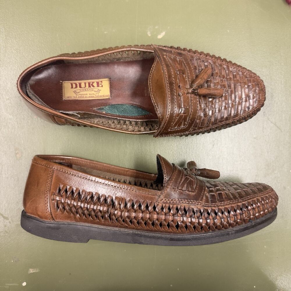 Duke Haband Mens 9 Brown Woven Leather Tassel Loafers Huarache Slip On Used